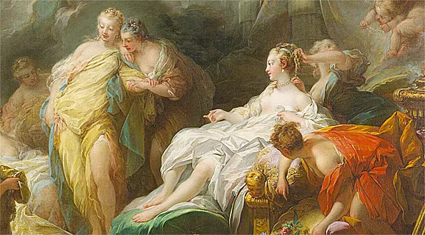Psique mostrando a sus hermanas los regalos de Cupido, detalle, 1753, Jean-Honoré Fragonard, Londres, National Gallery