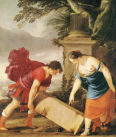 Teseo descubre las armas de su padre Egeo, c. 1640, Laurent de La Hyre, Budapest, Museo de Bellas Artes