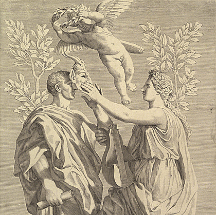 Frontispice : Horace, Quinti Horatii Flacci, Claude Mellan (d’après un dessin de Poussin) 1642, New York, Metropolitan Museum.