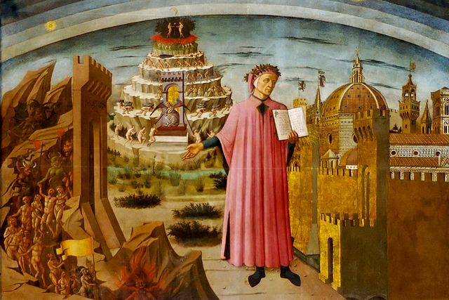 Retrato de Dante con la ciudad de Florencia y alegoría de la Divina Comedia, (fresco) Domenico di Michelino 1465, Florencia, Santa Maria del Fiore.