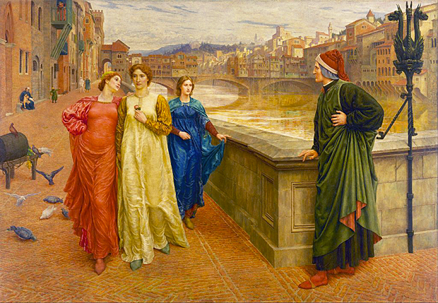 El encuentro de Dante con Beatriz en las calles de Florencia, c. 1850, postal ilustrada.