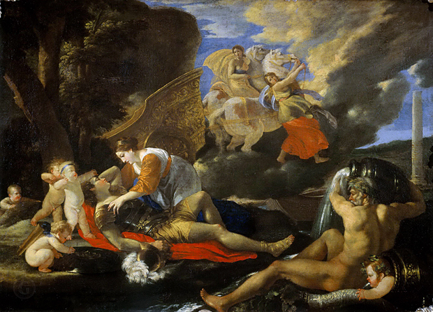 Armida descubriendo a Rinaldo dormido, c. 1630-1635, Nicolas Poussin, Moscú, Museo de Bellas Artes Pushkin.