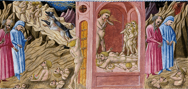 Ugolino della Gherardesca, miniatura sacada de la Divina Comédia realizada para Alfonso de Aragón, canto XXXIII, siglo XV, Colección privada.