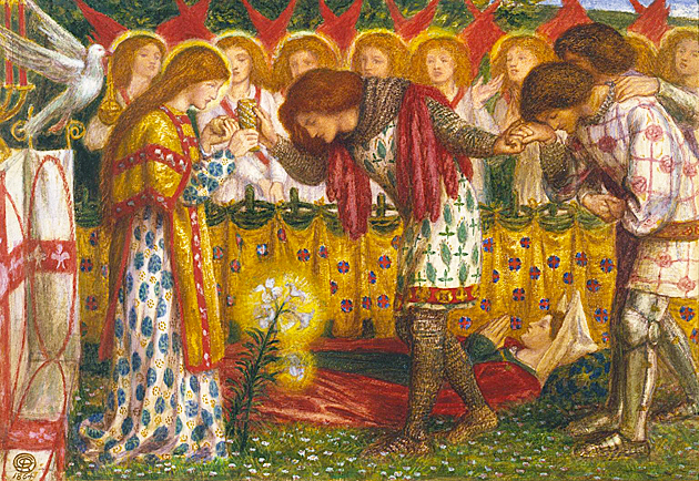 Sir Galahad, sir Bors y sir Percival fueron saciados por el santo Grial, pero la hermana de sir Percival murió en el camino, 1864, Dante Gabriel Rossetti, Londres, Tate Britain.