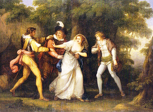 Sylvia et Giulia dans la forêt, scène de Deux gentilshommes de Vérone de William Shakespeare 1788, Angelica Kauffmann, Londres, Collection privée.