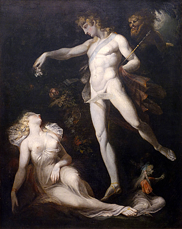 Oberón exprimiendo el jugo de la flor mágica en los ojos de Titania dormida, 1793, Johann Heinrich Füssli, 1793, Zurich, Kunsthaus.