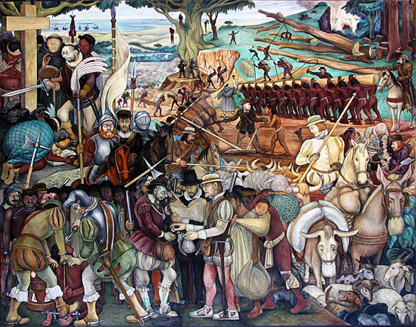 La colonisation ou l’arrivée de Hernán Cortés à Veracruz, peinture murale, 1951, Diego Rivera, Mexique, Palais National.