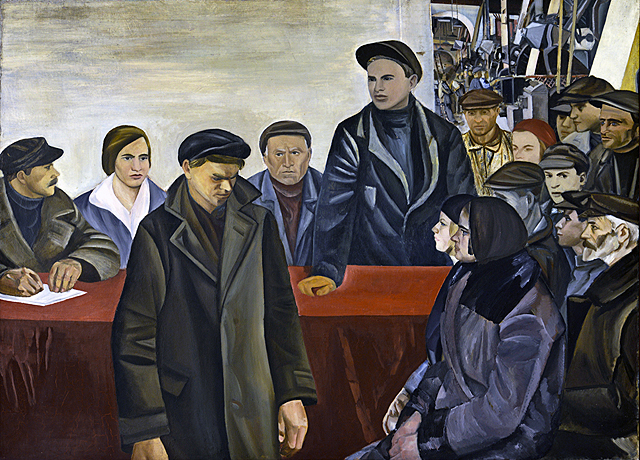 El Proceso, 1931, Nikolaï Sneïder, óleo sobre lienzo, 149 × 200 cm, Moscú, Museo Estatal.