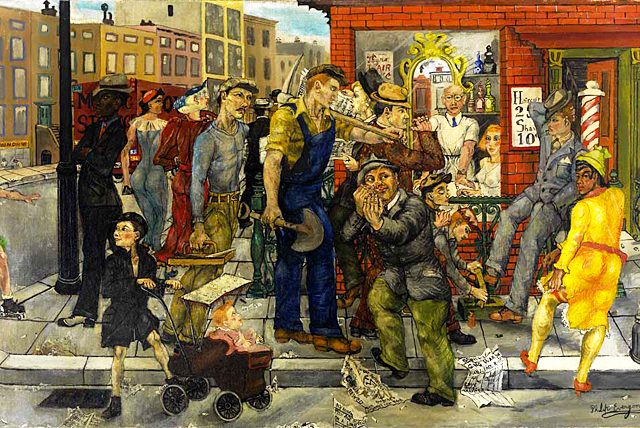 Street Corner, Esquina de la calle, 1936, Philip Evergood, Richmond, Virginia Museum of Fines Arts.