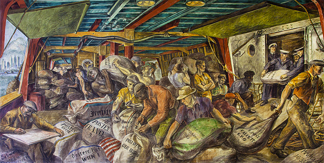 Descarga de correo, mural, 1937 Reginald Marsh, Washington, William Jefferson Clinton Federal Building.