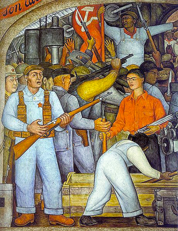 El arsenal / Frida Kahlo distribuye armas, Del ciclo Vision política del pueblo mexicano, detalle,1928, Diego Rivera, Ciudad de México, Secretaría de Educación Pública)