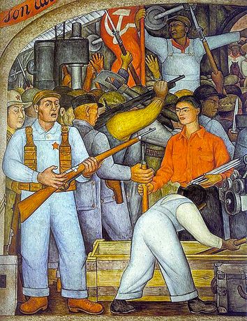 L'arsenal / Frida Kahlo distribue des armes, du cycle Vision politique du peuple mexicain, détail, 1928, Diego Rivera, Mexico, ministère de l'Éducation publique)