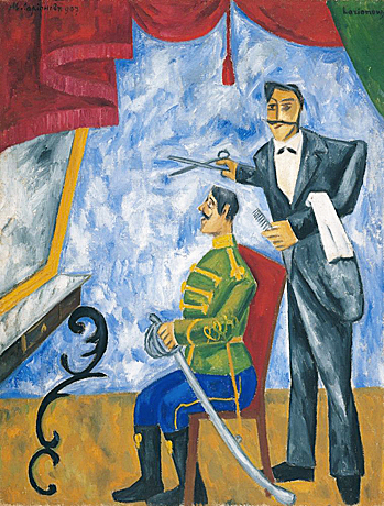 Soldat chez le coiffeur, 1909, Mikhaïl Larionov, Moscou, Galerie Tretyakov.