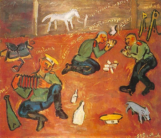 Les Soldats, seconde version, 1909, Mikhail Larionov, Los Angeles County Museum.