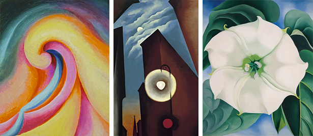 Georgia O’Keeffe : Serie I, n° 3, 1918; Calle de Nueva York con luna, 1925; Flor blanca n° 1, 1932.