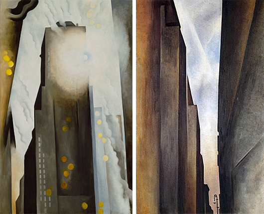 Georgia O'Keeffe, Le Shelton avec des taches de soleil (The Shelton with Sunspots, 1926, Chicago, The Art Institute; Street, New York I, 1926, Collection privée.