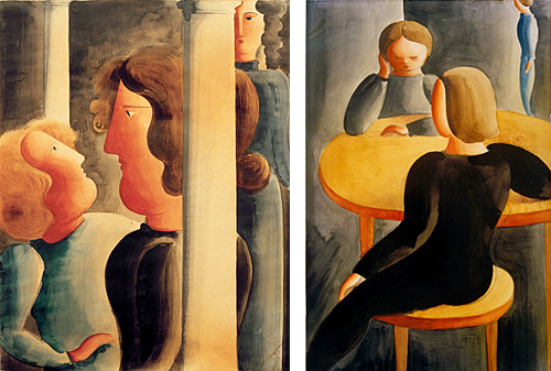 Oskar Schlemmer, Entre les colonnes, 1928, Stuttgart, Kunstmuseum ; Les jeunes a table, 1928, Collection privée.