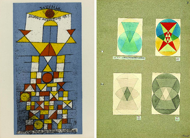 Postal para la exposición de la Bauhaus de 1923, Die erhabene Seite (La página sublime), Paul Klee ; Ejercicios de la clase de Klee: Movimientos libres en forma de rayo, de punta a punto dentro de tres formas básicas, 1924, Gertrud Arndt.