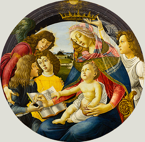 La Vierge du Magnificat, années 1490, Maître des bâtiments gothiques (Jacopo Foschi ?, actif à Florence vers 1485 – vers 1520) d’après Botticelli, Montpellier, Musée Fabre.