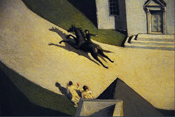 La cabalgata de medianoche de Paul Revere, detalle, 1931, Grant Wood, Nueva York, Metropolitan Museum