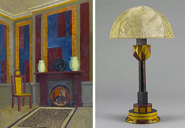 Omega Interior, 1917, Nina Hamnett, Londres, Courtauld Institute ; Lamp made by the Omega Workshops, 1913-1919, Victoria & Albert Museum.