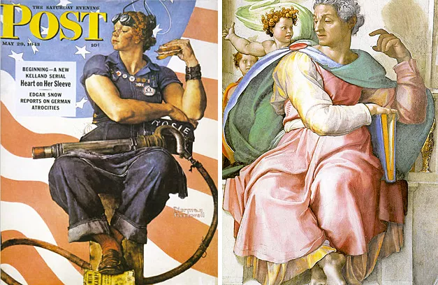 Rosie the Riveter (Rosie la riveteuse), 1943, Stockbridge, M.A., The Norman Rockwell Museum ; Prophète Isaïe, Michel Ángel