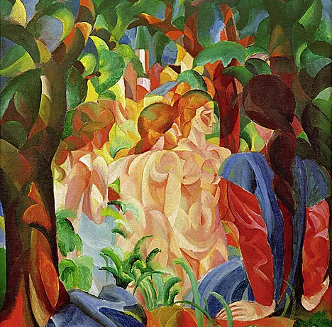 Muchachas bañándose con ciudad al fondo, 1913, August Macke