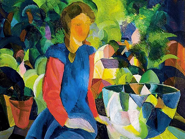 Muchacha con peces en un gran recipiente de cristal, 1914, August Macke