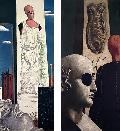 Le voyage sans fin, 1914, Giorgio de Chirico, Hartford, The Wandsworth Atheneum ; La nostalgie du poète, 1914, Giorgio de Chirico