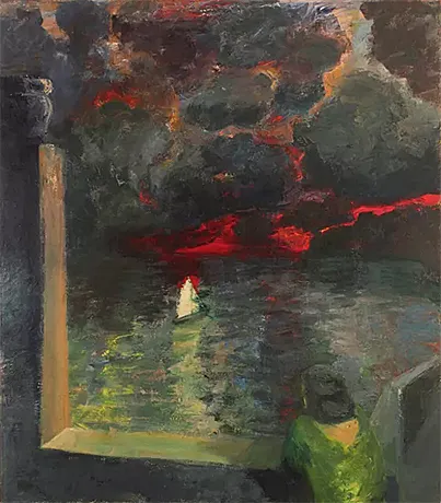 Figura en una ventana con barco, 1964, Elmer Bischoff