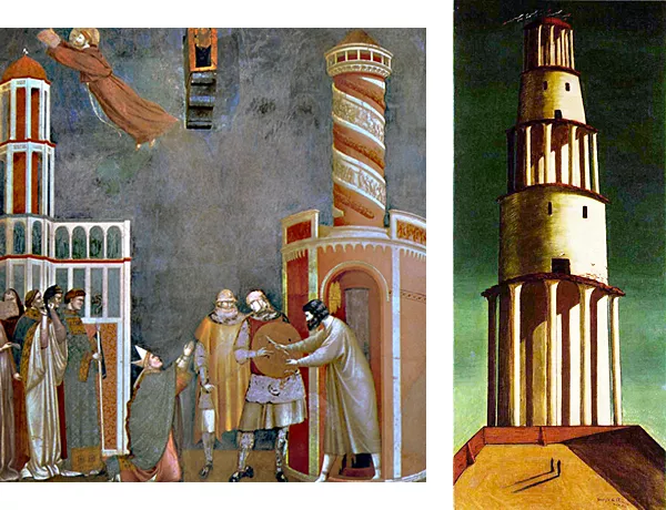 La liberación de Pedro de Asís, Giotto, 1296-1304, Assís; La gran torre, 1913, Giorgio de Chirico