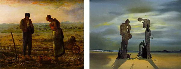 Angélus, 1857-1859, Jean-François Millet ; Réminiscence archéologique de l'Angélus de Millet, 1935, Salvador Dalí