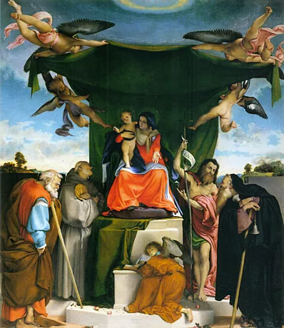 Vierge à l'Enfant en majesté entourée de saints et d'anges, Lorenzo Lotto