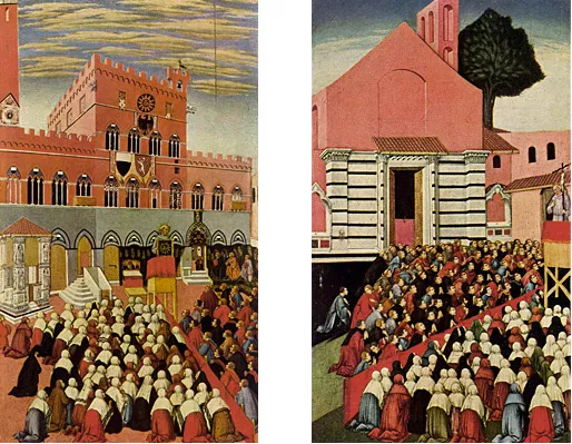 Predicaciónes de san Bernardino en la Piazza del Campo  y en la Piazza San Francesco, 1444-1450, Sano di Pietro