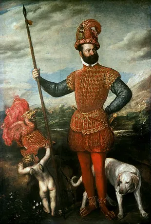 Retrato de un capitán con amorcillo y perro, 1551, Tiziano