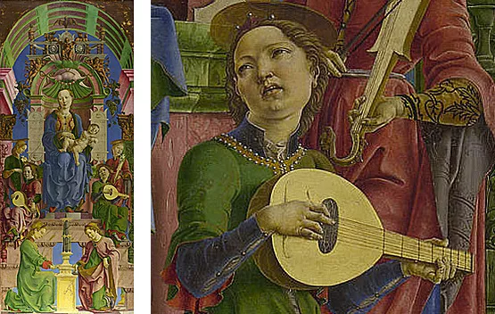 Cosme Tura, Polyptyque Roverella, panneau central et ange musicien