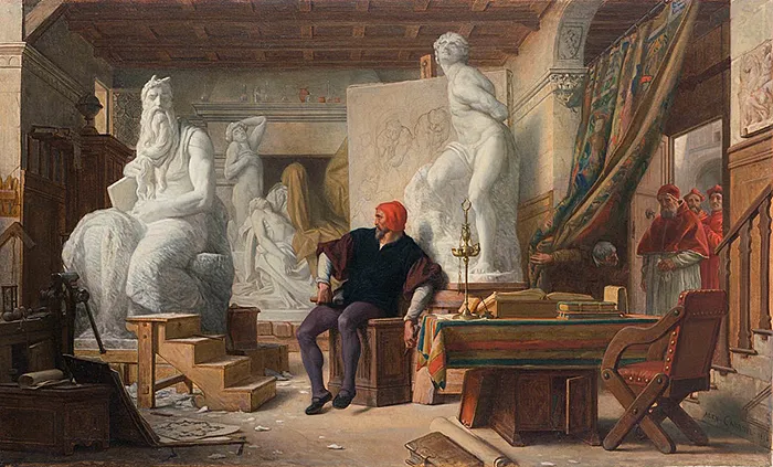 Michel-Ange visité dans son atelier par Jules II, 1856, Alexandre Cabanel Michel-Ange visité dans son atelier par Jules II, 1856, Alexandre Cabanel