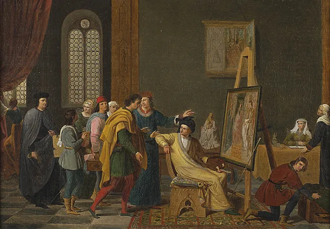 Antonello da Messina introducido en el estudio de Jan Van Eyck, 1820, Joseph François Ducq Antonello da Messina introducido en el estudio de Jan Van Eyck, 1820, Joseph François Ducq