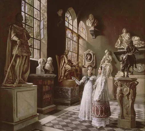 Vista de la sala del siglo XVII del Museo de Monumentos Franceses, Léon Mathieu Cochereau, 1817 Vista de la sala del siglo XVII del Museo de Monumentos Franceses, Léon Mathieu Cochereau, 1817