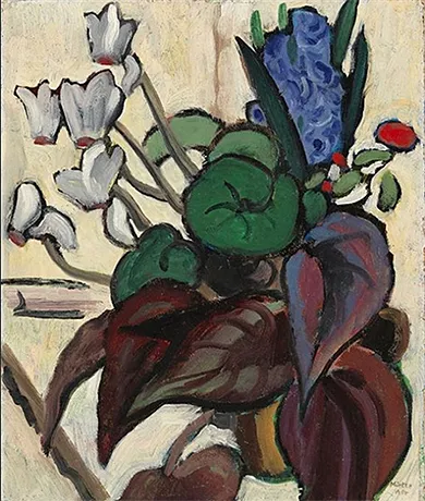 Flores sobre fondo blanco (ciclamen y jacinto), 1934, Gabriele Münter Flores sobre fondo blanco (ciclamen y jacinto), 1934, Gabriele Münter
