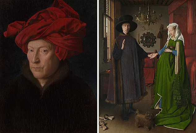 Portrait d’un homme (Autoportrait ?), 1433 ; Portrait des Arnolfini, 1434, Jan van Eyck