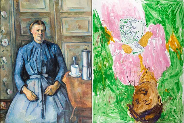 La Femme à la cafetière, 1890-1895, Paul Cézanne ; Madame Cézanne, 1998, Georg Baselitz