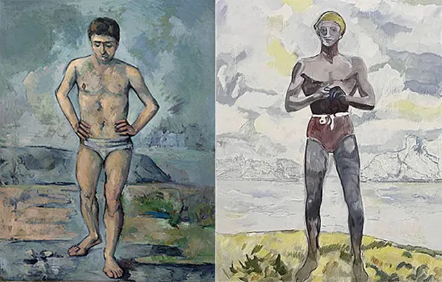 Le Baigneur, vers 1885, Paul Cezanne; Bather, 2023, Peter Doig